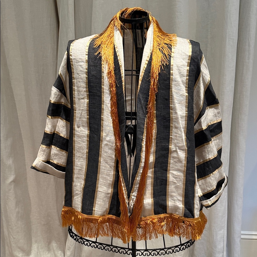 Striped Black & White Fringe Open Front Jacket - Unbranded